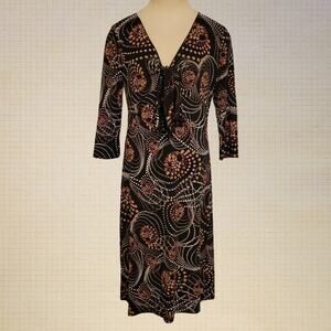 80s Retro Michele Bohbot Stretch Jersey Midi Dress Deep V Neck Size 8